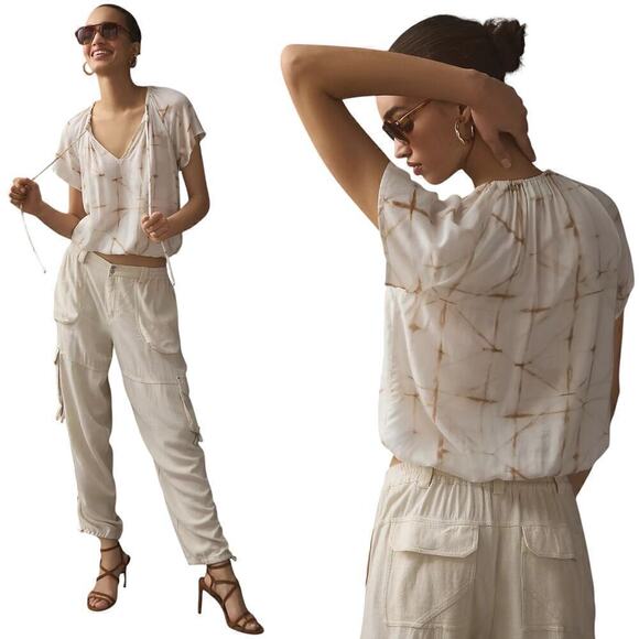 Cloth & Stone Anthropologie Tie Neck Elastic Waist Blouse Size Small Resortwear - Picture 1 of 9